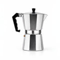 Cafetera italiana Moka de acero inoxidable con capacidad para 6 tazas, ideal para preparar café de especialidad en casa.