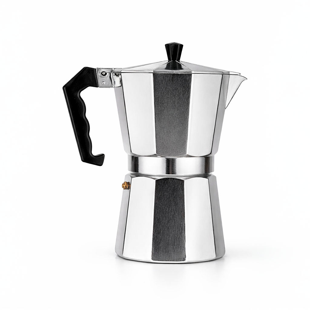 Cafetera italiana Moka de acero inoxidable con capacidad para 6 tazas, ideal para preparar café de especialidad en casa.