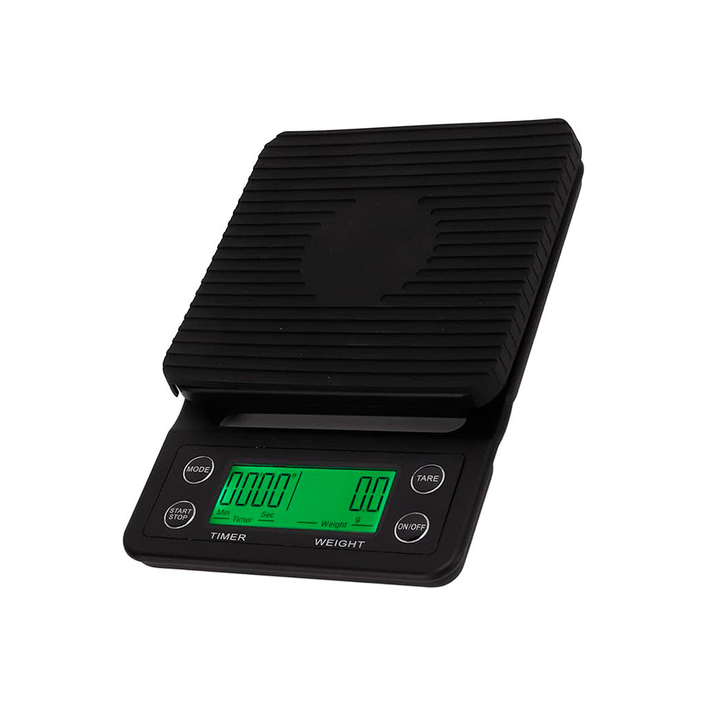 Báscula digital para café con temporizador, función Tara y superficie de silicona antideslizante para preparar café de especialidad.
