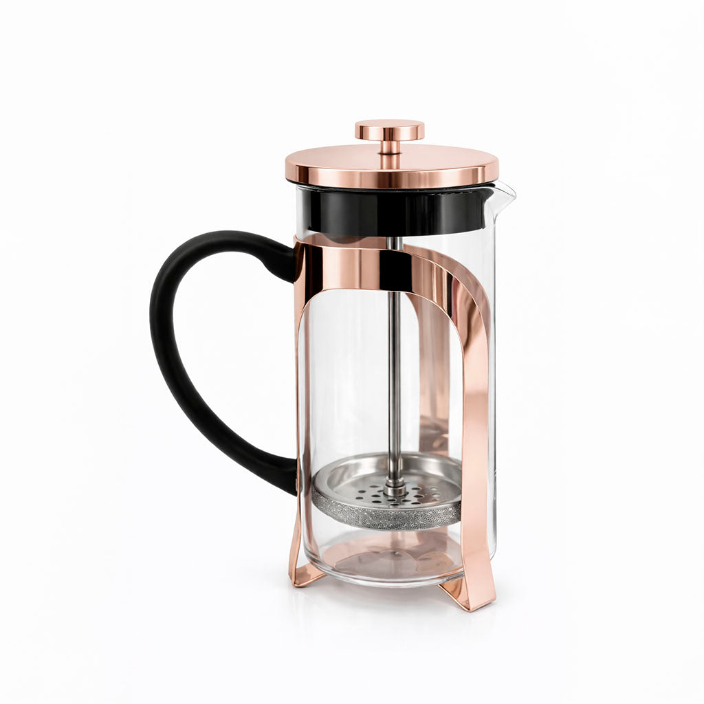 Prensa francesa oro rosa de 350 ml con filtro metálico reutilizable para preparar café de especialidad.