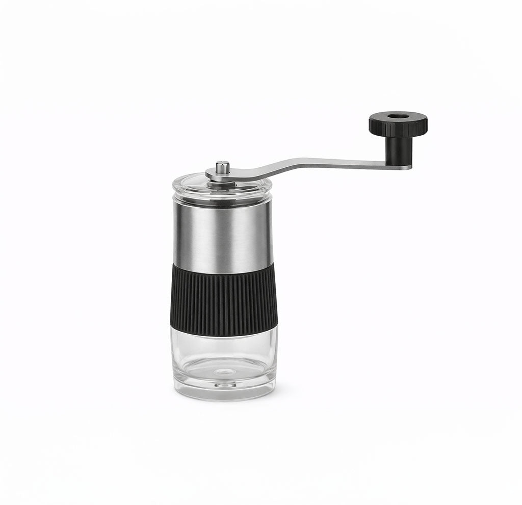 Molino manual para café mini de acero inoxidable con depósito de vidrio y manivela desmontable para moler café en grano.