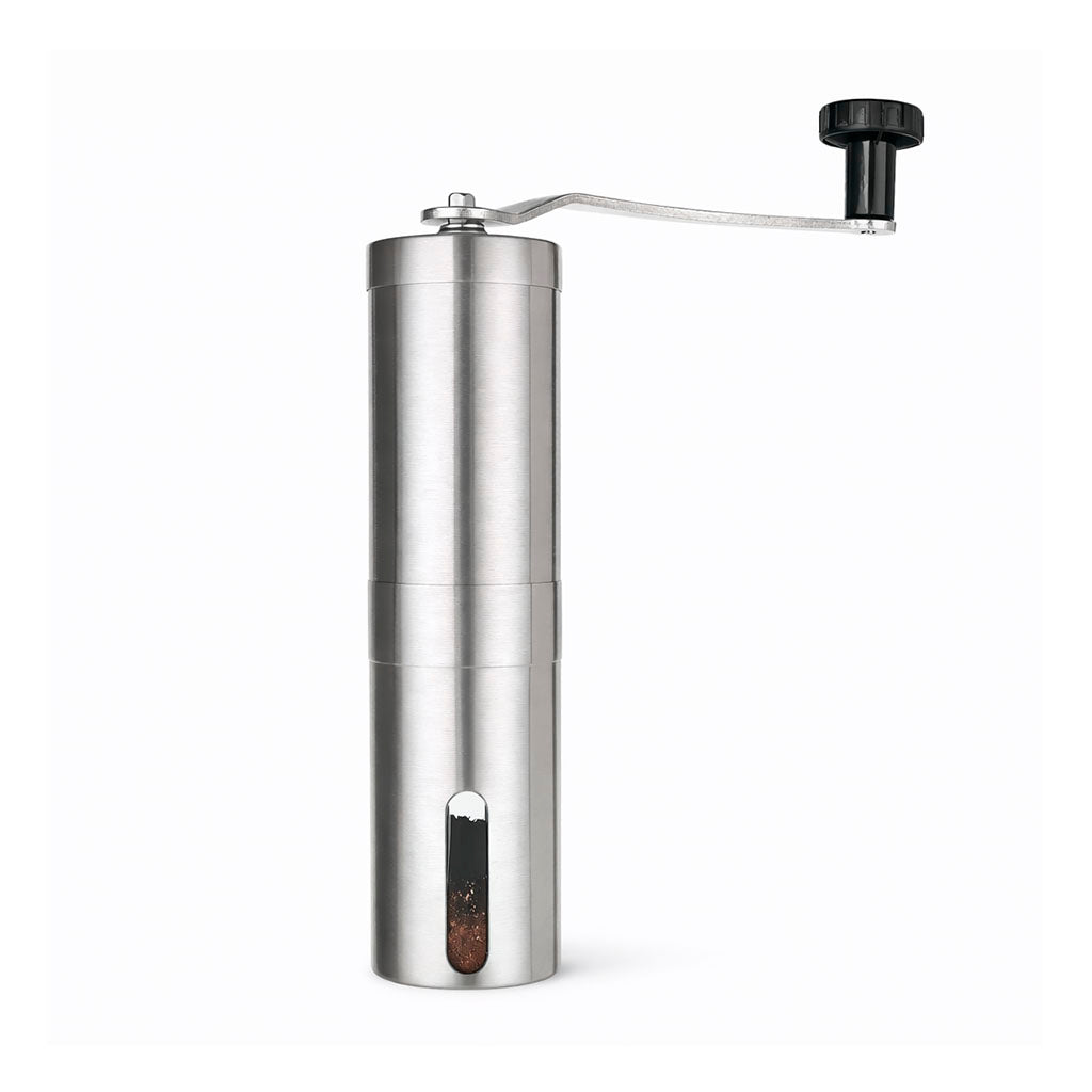 Molino manual para café portátil de acero inoxidable con manivela desmontable y ventana para visualizar el café molido.