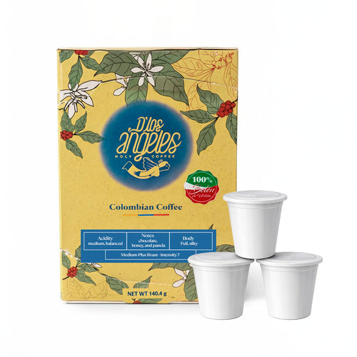 Cápsulas de café colombiano de especialidad Café D'Los Ángeles compatibles con cafeteras Keurig®, caja de 12 unidades.
