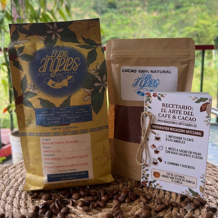 Kit Café D'Los Ángeles con café colombiano de especialidad 500 g, cacao artesanal de 125 g y recetario con cinco recetas para preparar café con cacao.